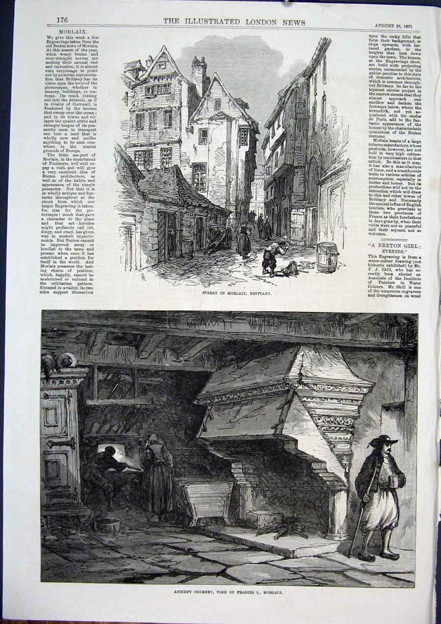 Original Old Antique Print Brittany Morlaix Chimney Francis I France 1871 19th