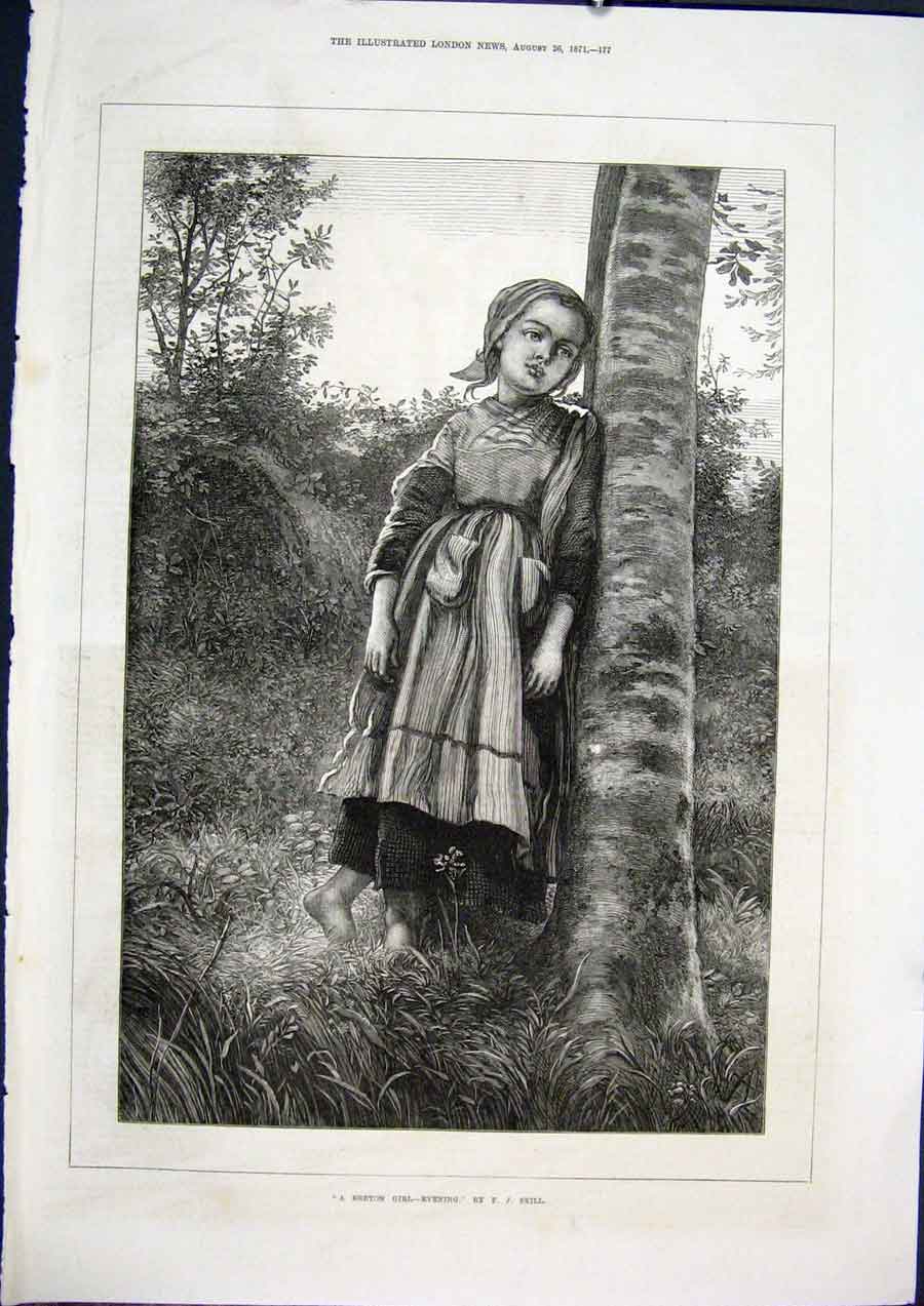 Original Old Antique Print Breton Girl Evening Skill Fine Art 1871 Victorian