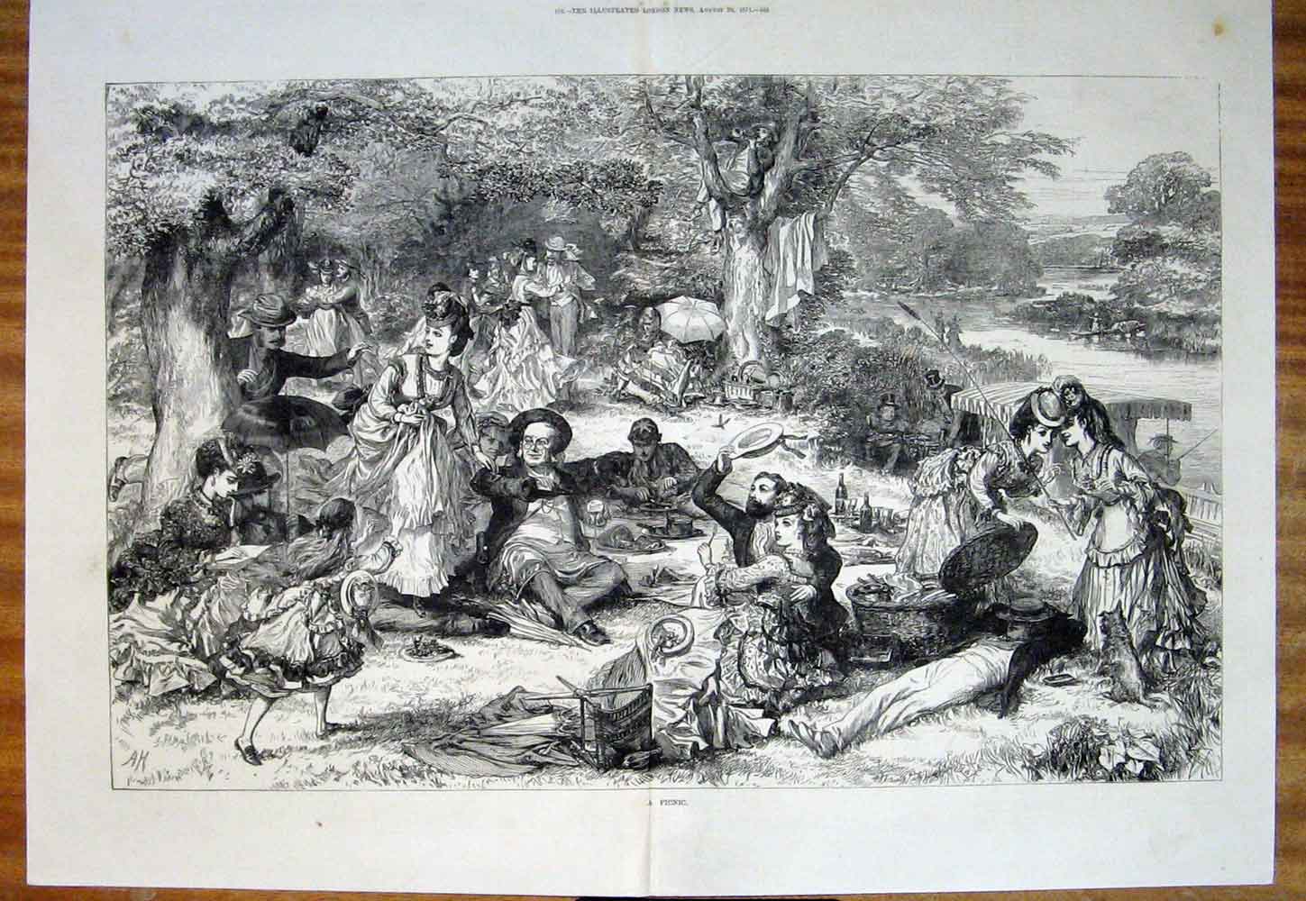 Original Old Antique Print Picnic London River Park Fine Art 1871 Victorian
