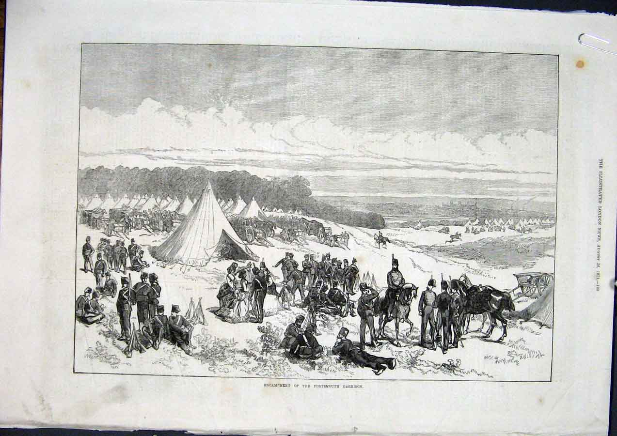 Original Old Antique Print Portsmouth Garrison Aldershott Army 1871 Victorian