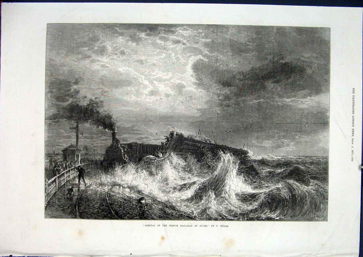 Original Old Antique Print French Mail Boat Dover Mail-Boat Weber Fine Art 1871