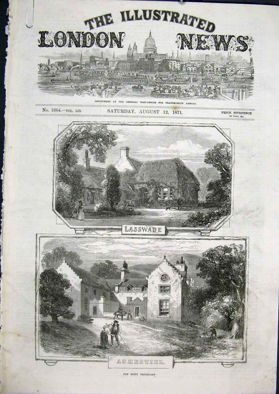Old Antique Print Scott Centenary 1871 Lasswade Ashestiel Abbotsford Loch 19th