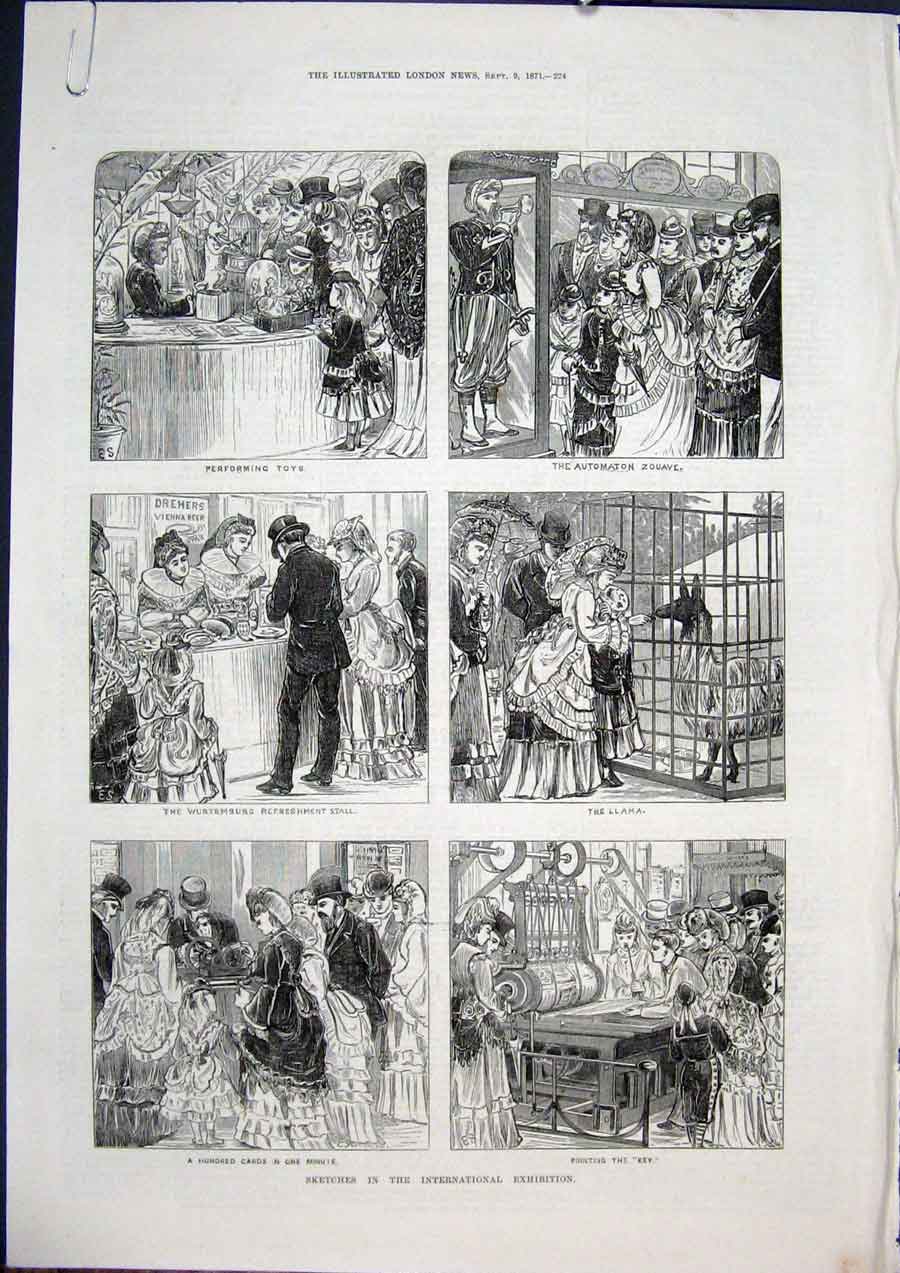 Old Antique Print Sketches International Exhibition Kensington Court 1871 19th