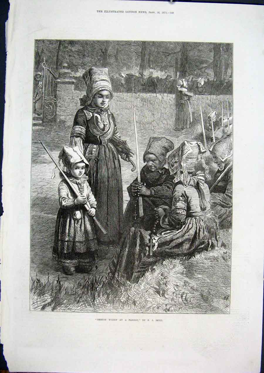 Original Old Antique Print Breton Women Pardon Skill French Fine Art 1871 19th