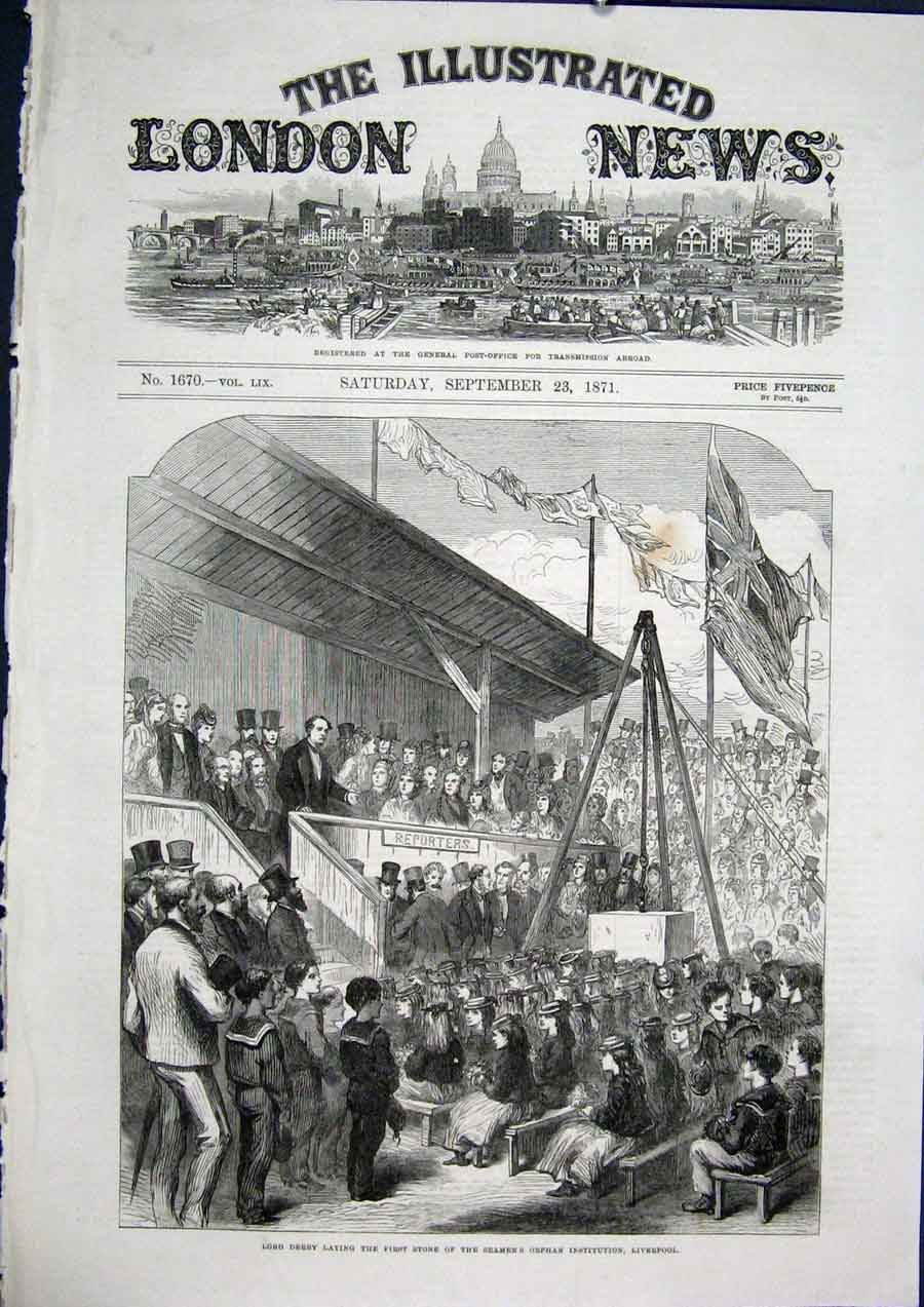 Original Old Antique Print Derby Seamen'S Orphan Institution Liverpool 1871 19th