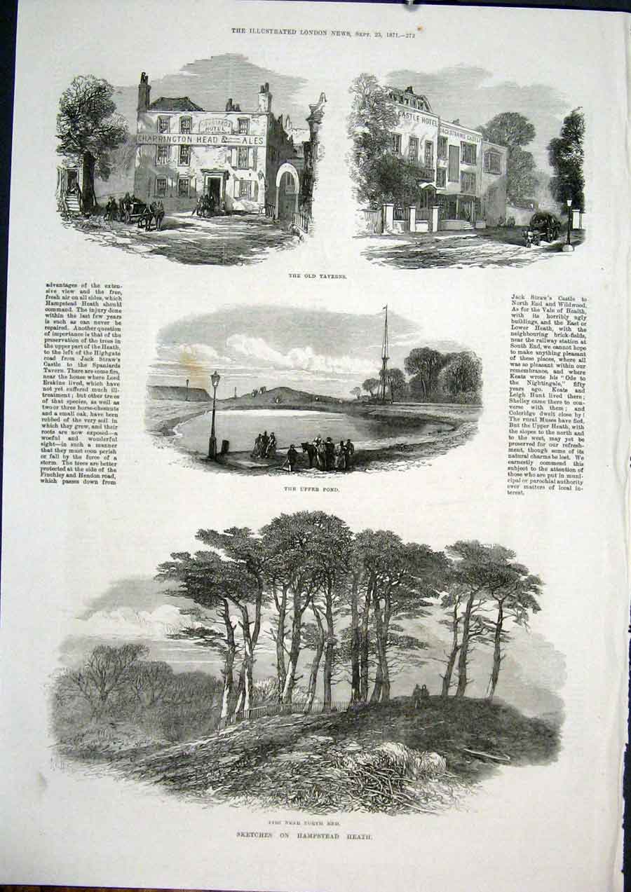 Original Old Antique Print Hampstead Heath Sketches Tavern Pond 1871 London 19th