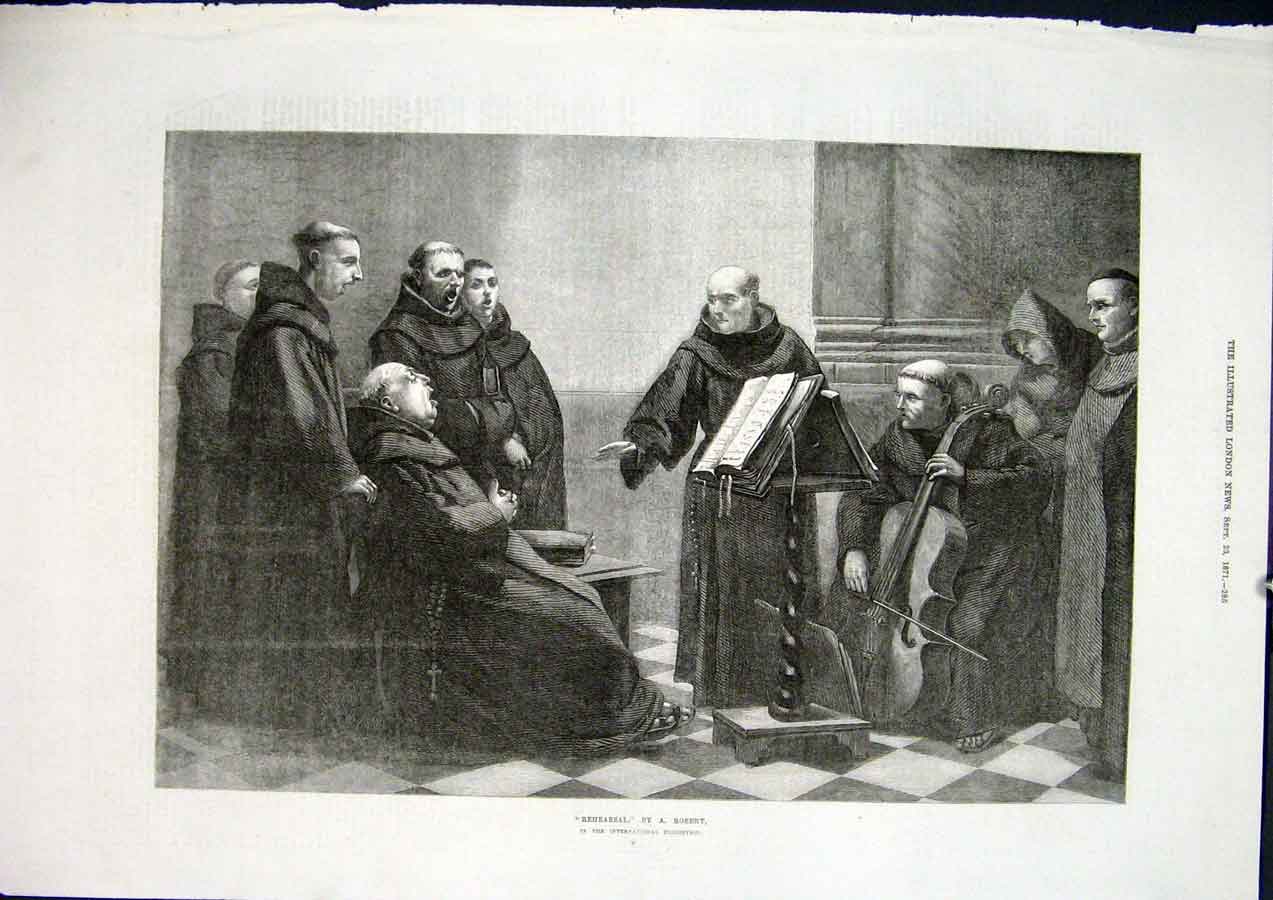 Original Old Antique Print Rehearsal Robert Exhibition Monks Fine Art 1871 19th