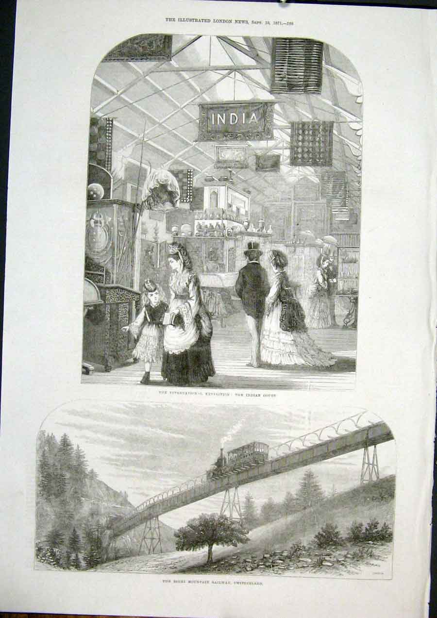 Old Antique Print Indian Court Exhibition Righi Railway Switzerland 1871 19th