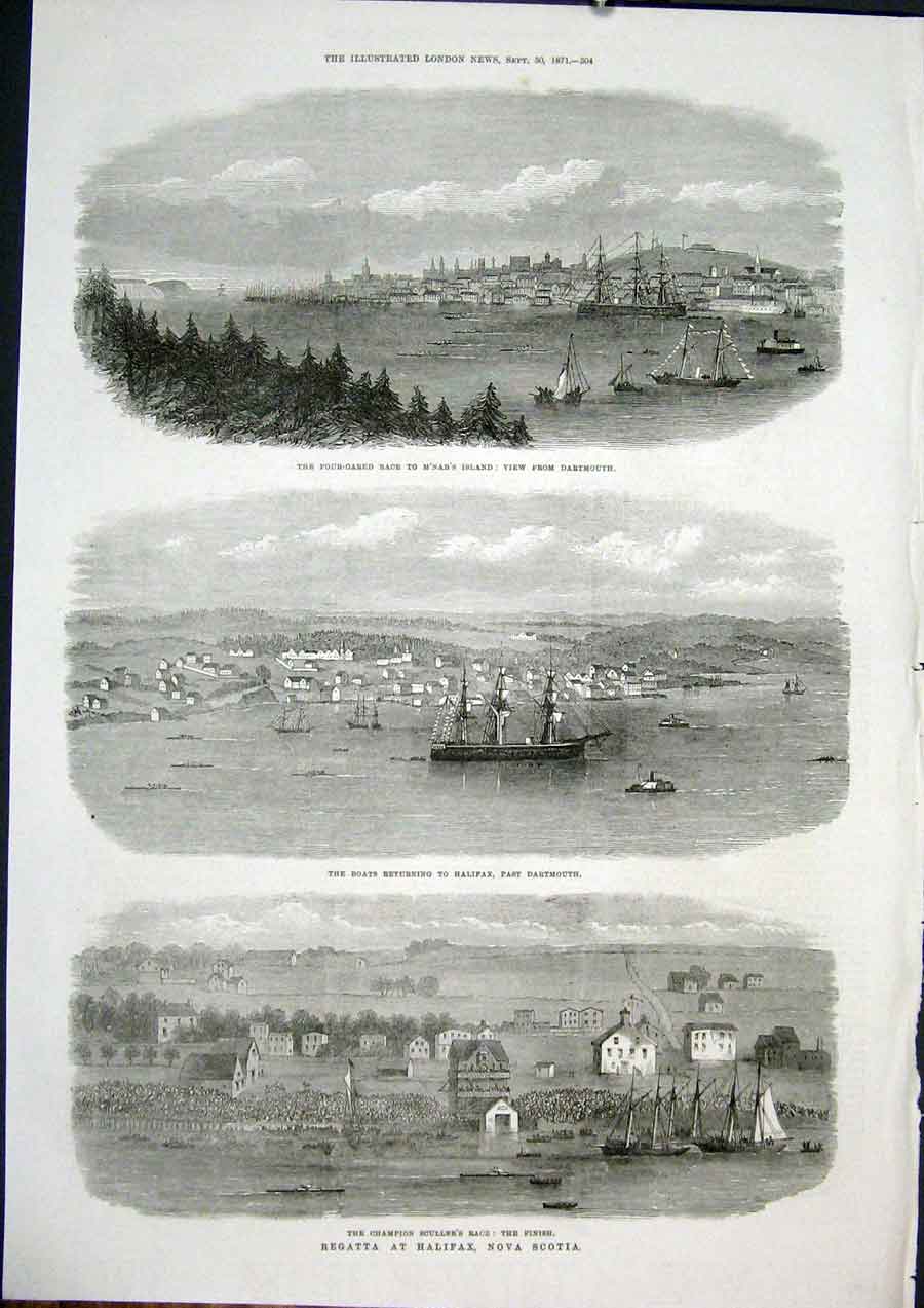 Original Old Antique Print Regatta Halifax Nova Scotia Dartmouth Scullers Race