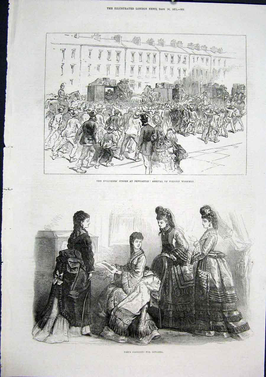 Original Old Antique Print Paris Fashion Engineer Strike Newcastle 1871 19th