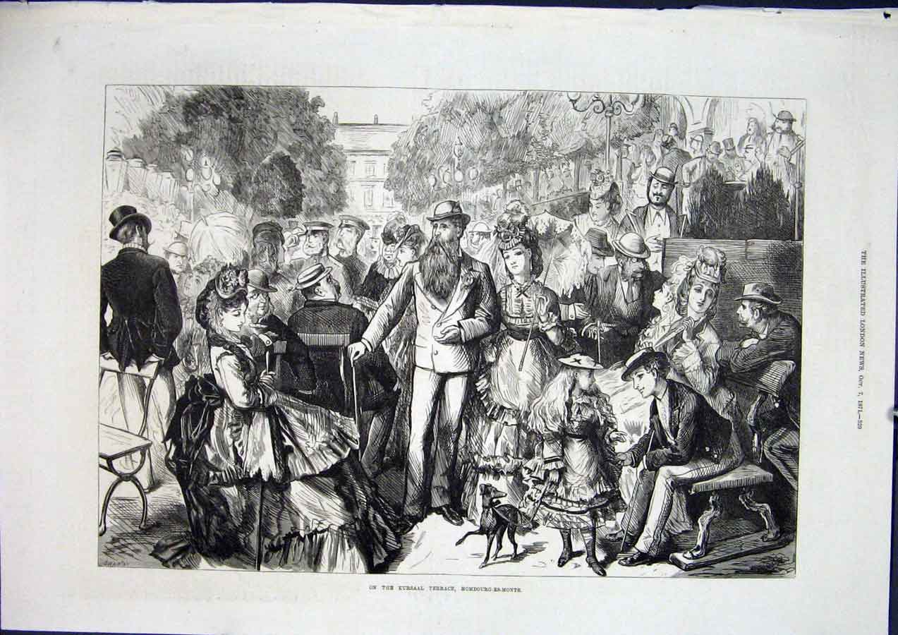Original Old Antique Print Kursall Terrace Hombourg Es Monts 1871 19th