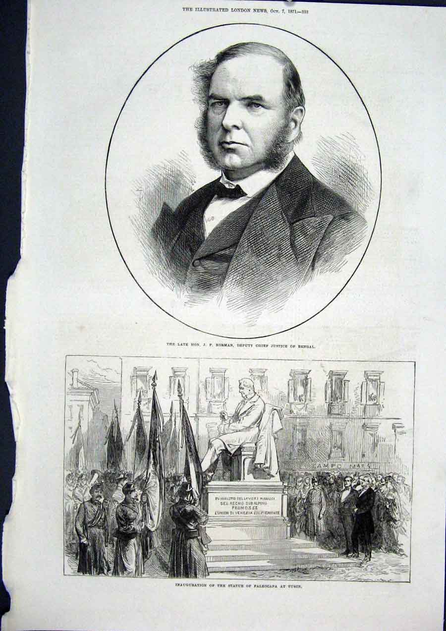 Original Old Antique Print Portrait Norman Bengal Statue Paleocapa Turin 1871