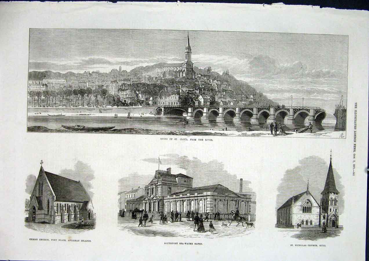Old Antique Print Christ Church Andaman Southport Baths Church Hull River