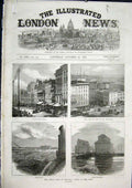 Original Old Antique Print Fire Chicago Amercia Ogden College Railway Buildings