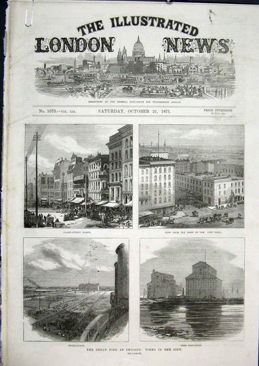 Original Old Antique Print Fire Chicago Amercia Ogden College Railway Buildings