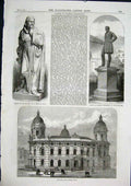 Old Antique Print Statue Pole Hull Stephenson Euston Dock Offices London