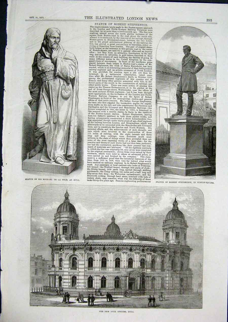 Old Antique Print Statue Pole Hull Stephenson Euston Dock Offices London