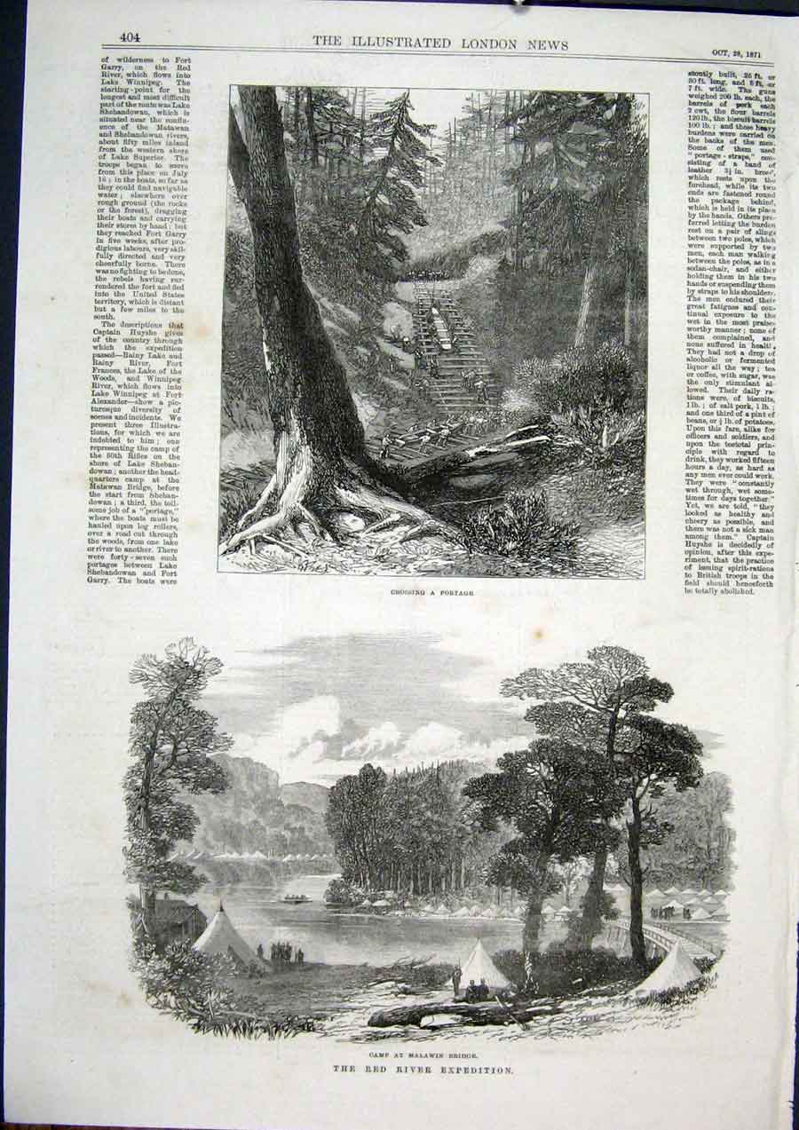 Original Old Antique Print Red River Expedition America Malawin Bridge 1871 19th