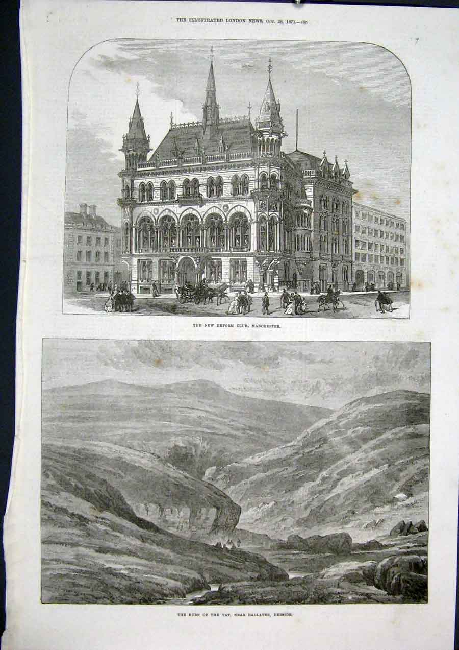 Original Old Antique Print Reform Club Manchester Vat Ballater Deeside Scotland
