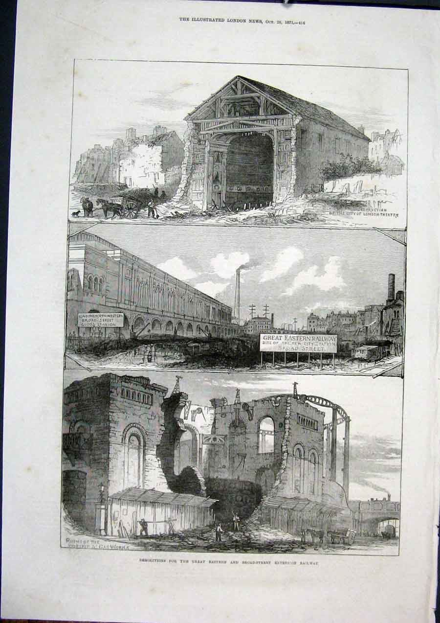 Original Old Antique Print London Railway Broad Street Theatre Station 1871 19th