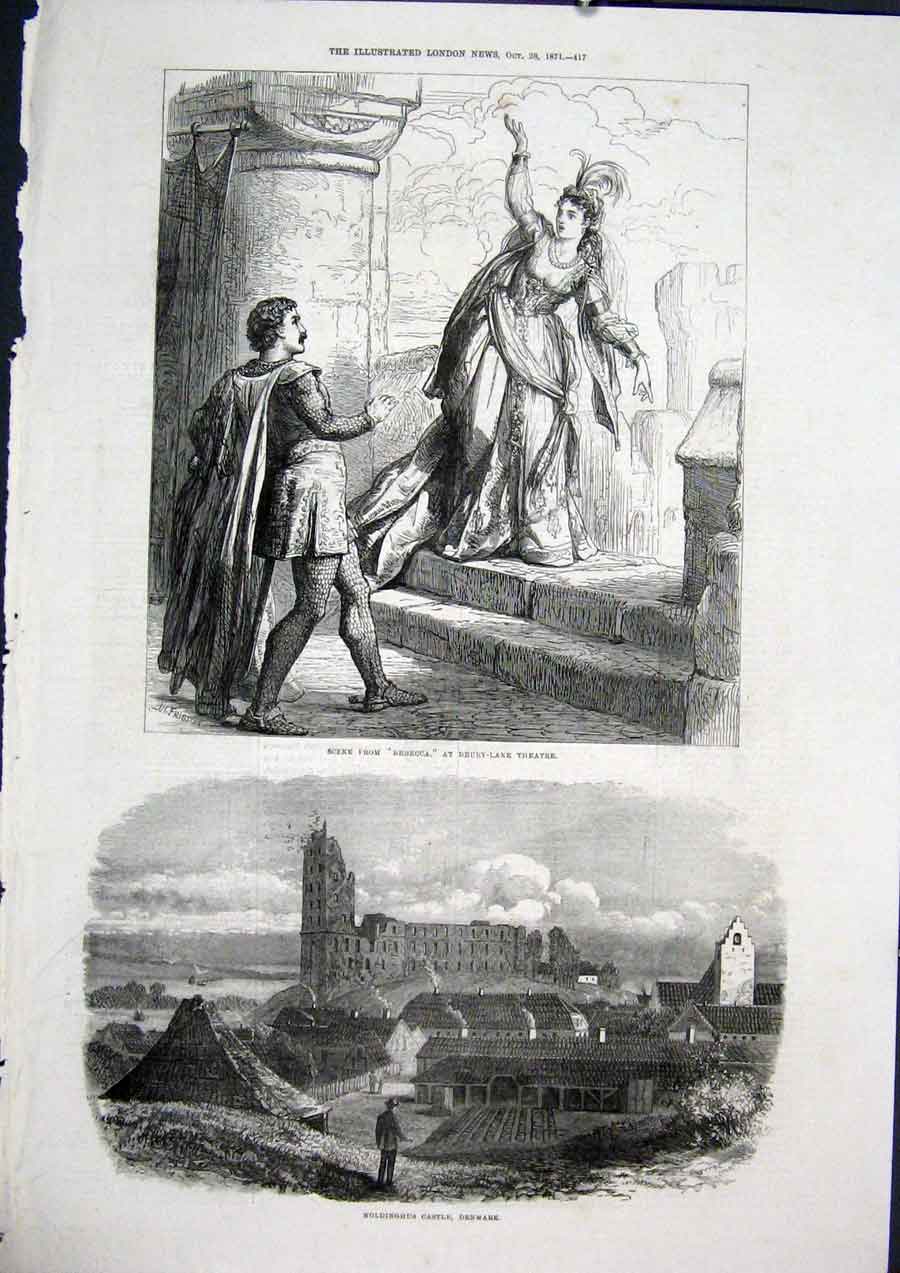 Original Old Antique Print Rebecca Drury Lane Theatre Kinghus Castle Denmark