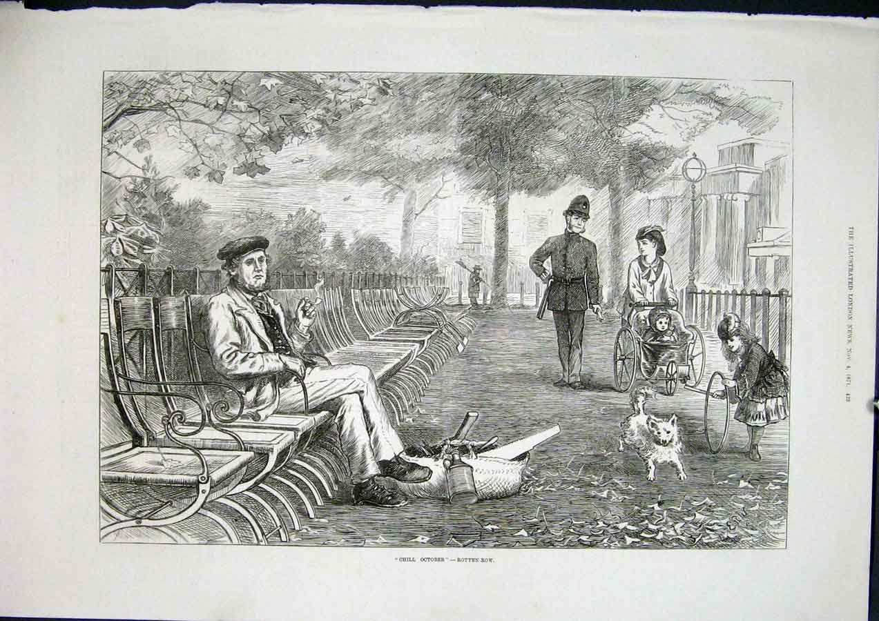 Original Old Antique Print Chill October Rotten Row London Fine Art 1871 19th