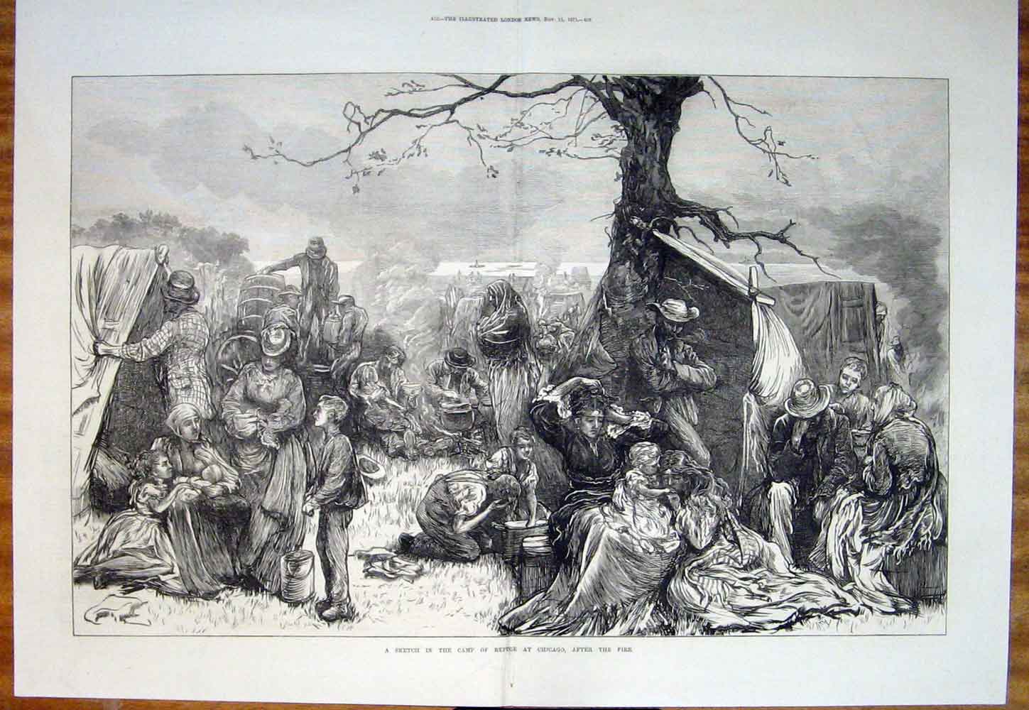 Original Old Antique Print Camp Refugee Chicago Fire Sketch 1871 19th