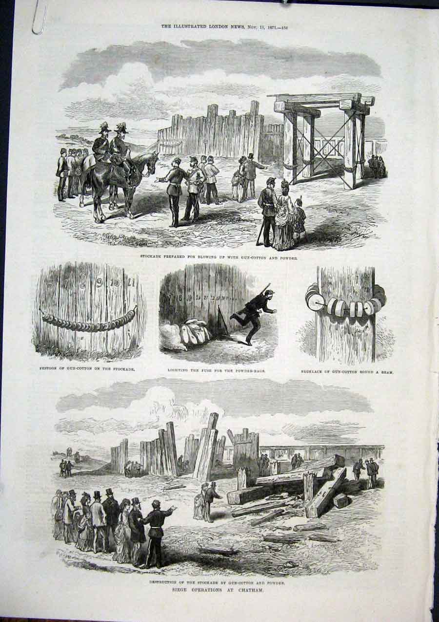 Old Antique Print Siege Chatham London Gun Cotton Powder Explosion Mine