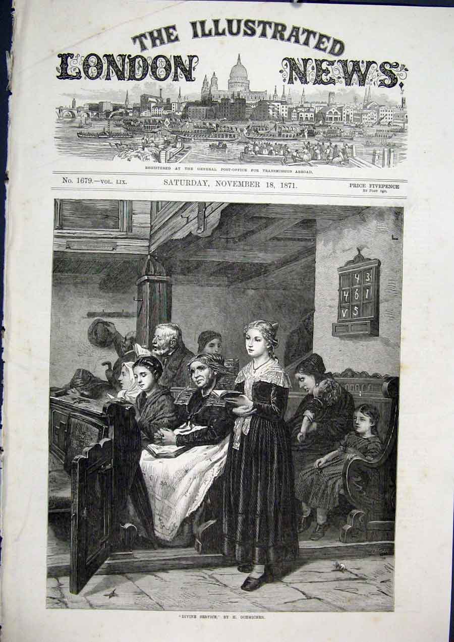 Original Old Antique Print Divine Service Ochmichen Church Fine Art 1871 19th