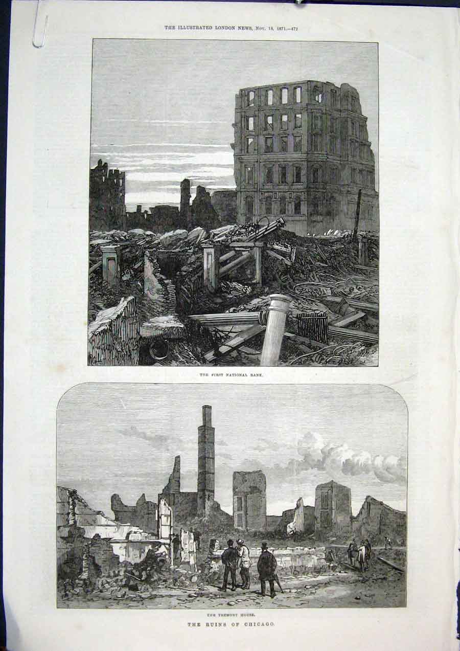 Original Old Antique Print Chicago Fire Ruins America Tremont House Bank House