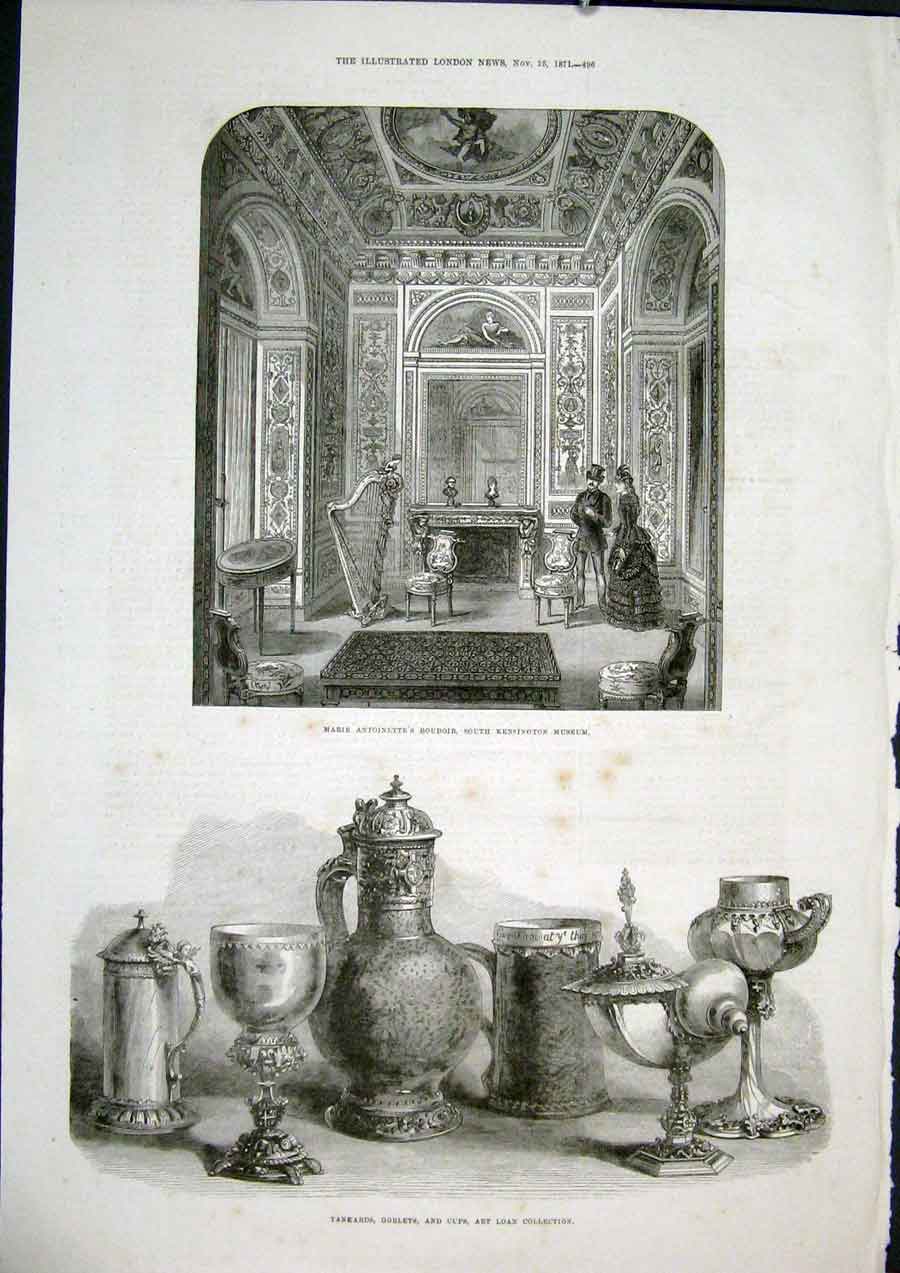 Old Antique Print Marie Antoinette Kensington Museum Goblets Cups Tankard
