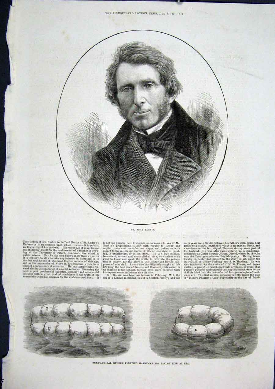 Old Antique Print Portrait Ruskin Ryder Floating Hammocks Sea Life Saving