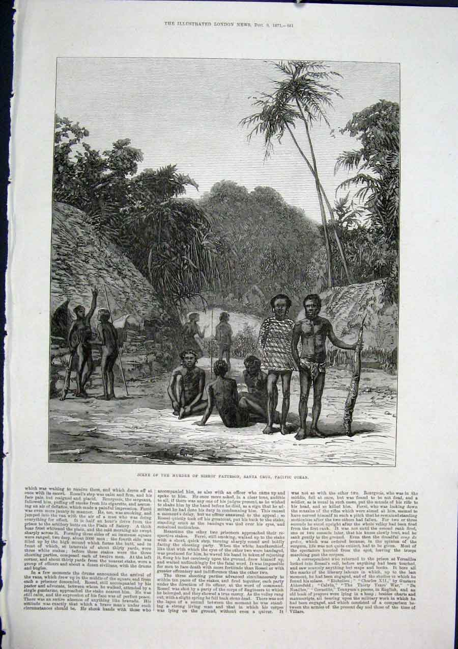 Original Old Antique Print Bishop Patteson Santa Cruz Murder Pacific Ocean 1871