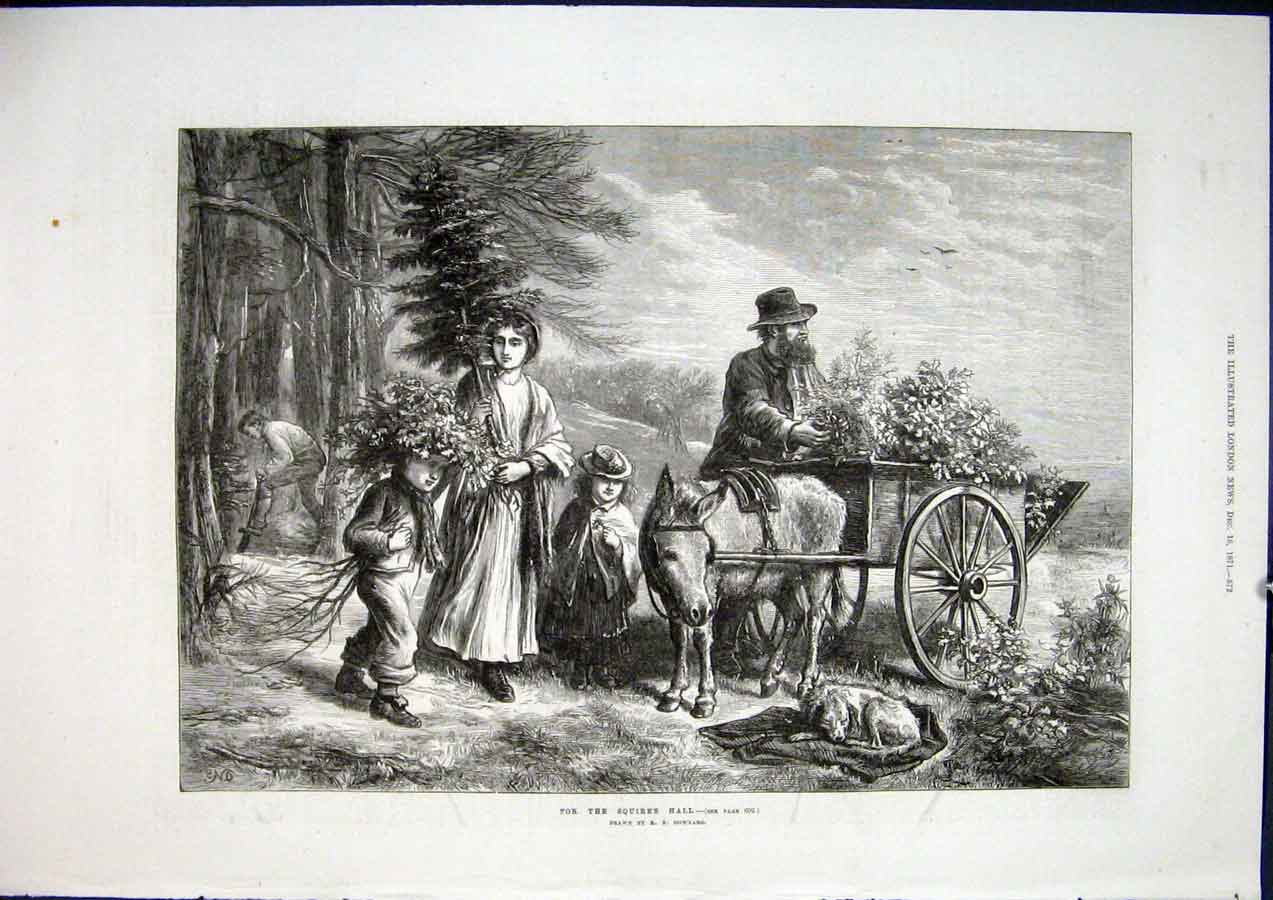 Original Old Antique Print Squire'S Hall Squire Downard Donkey Fine Art 1871