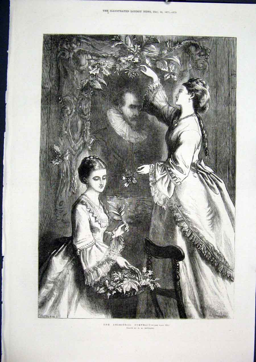 Original Old Antique Print Ancestral Portrait Downard Fine Art 1871 Victorian