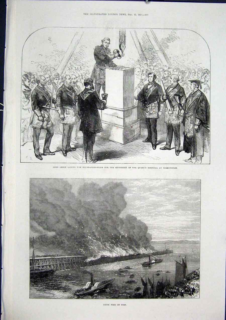 Old Antique Print Leigh Birmingham Queen'S Hospital Leith Pier Fire 1871 19th