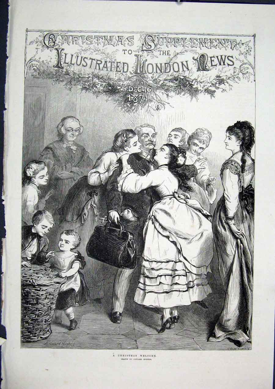 Original Old Antique Print Christmas Welcome Hughes London Fine Art 1871 19th