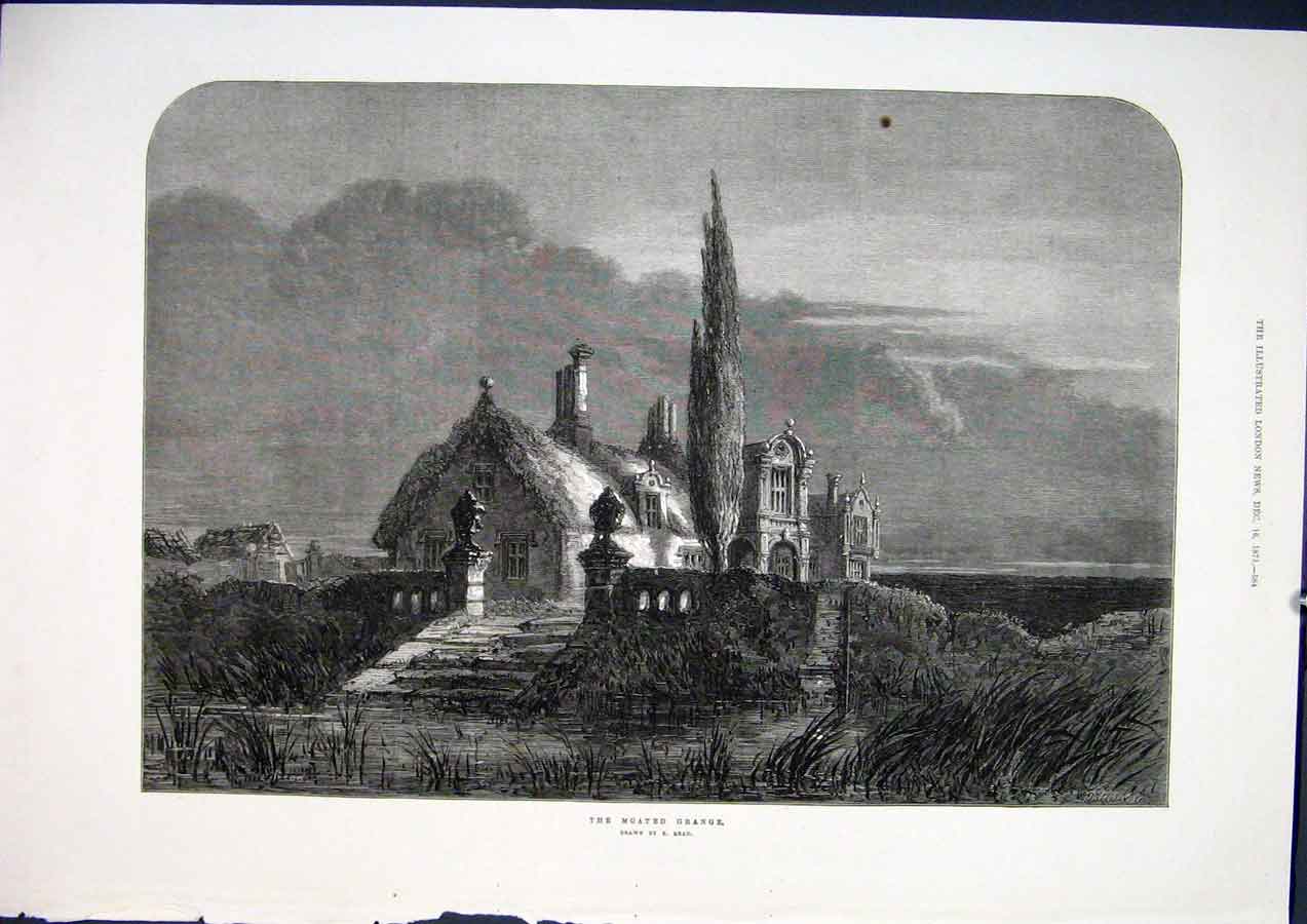 Original Old Antique Print Moated Grange Read Fine Art 1871 House 19th