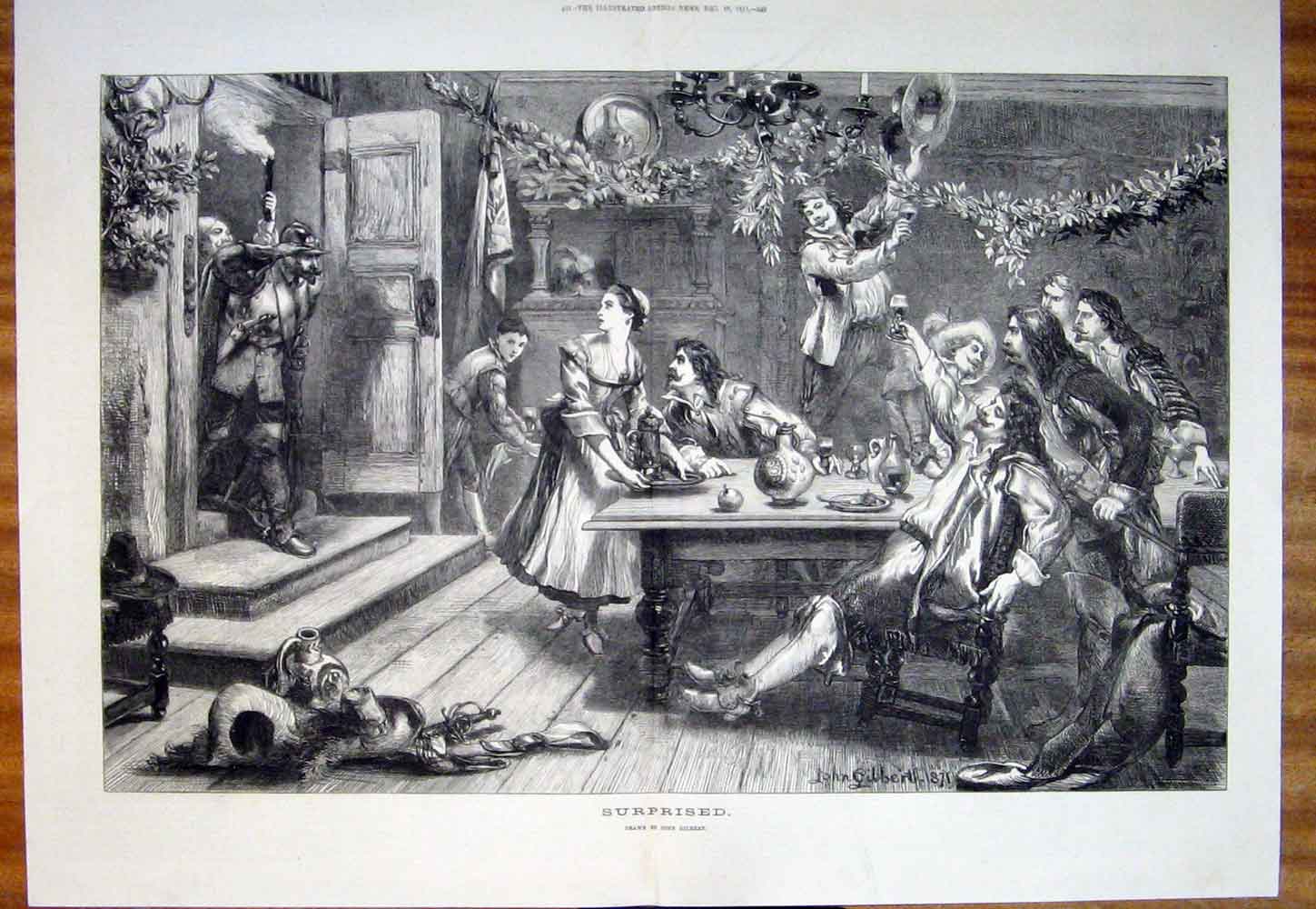 Original Old Antique Print Surprised John Gilbert Fine Art 1871 19th