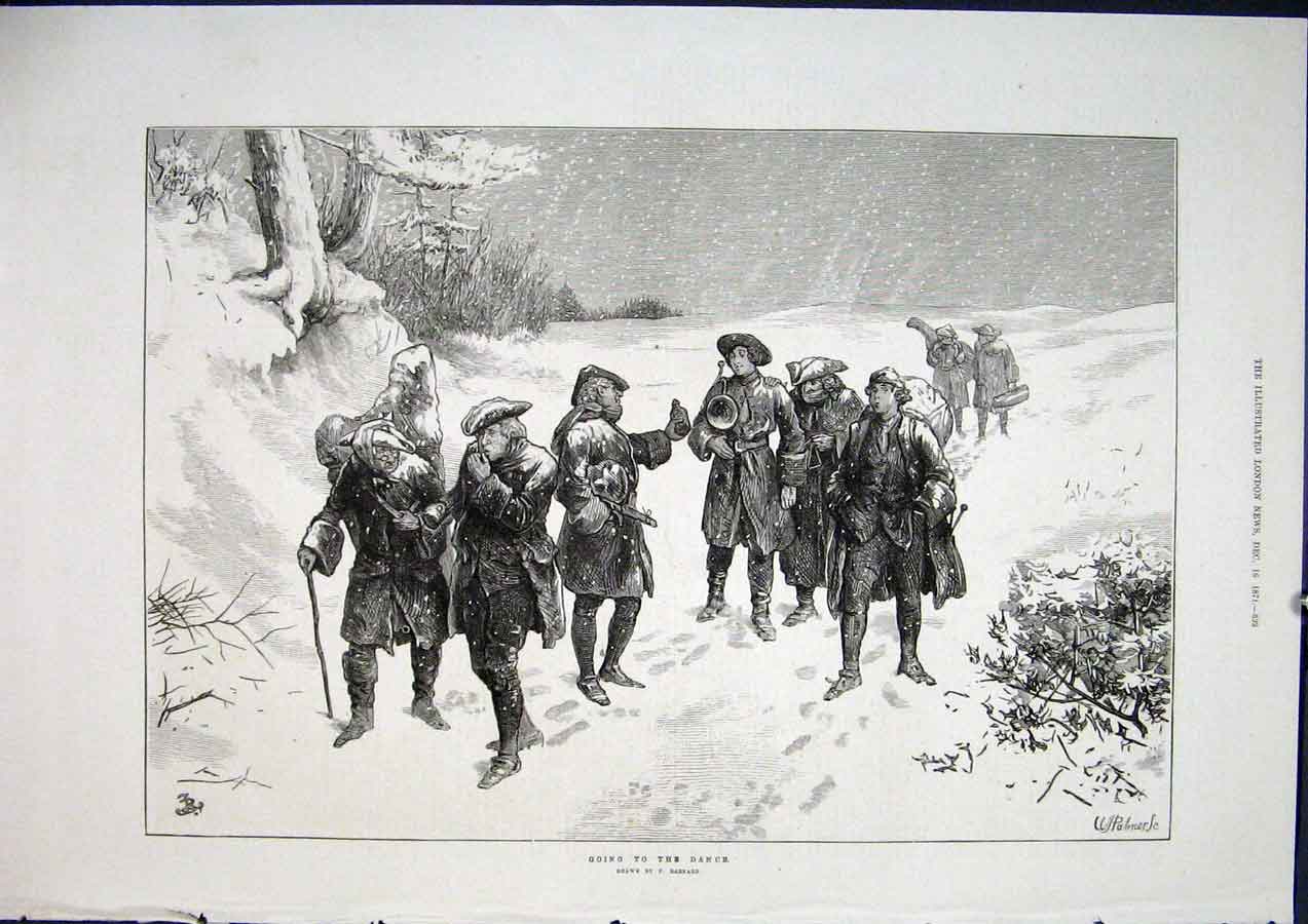 Original Old Antique Print Dance Snow Band Barnard Fine Art 1871 19th