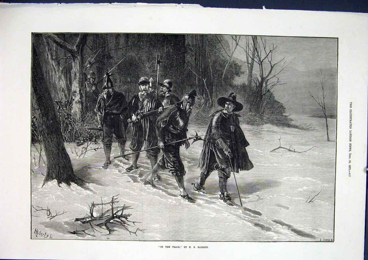 Original Old Antique Print Track Roberts Trackers Snow Siers Fine Art 1871 19th