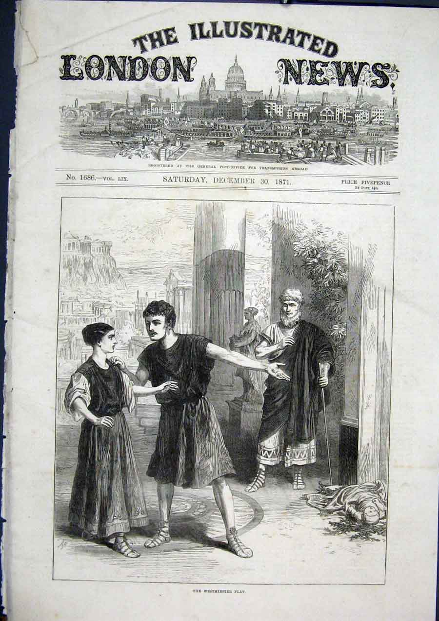 Original Old Antique Print Westminster Play Andrian 1871 Theatre 19th