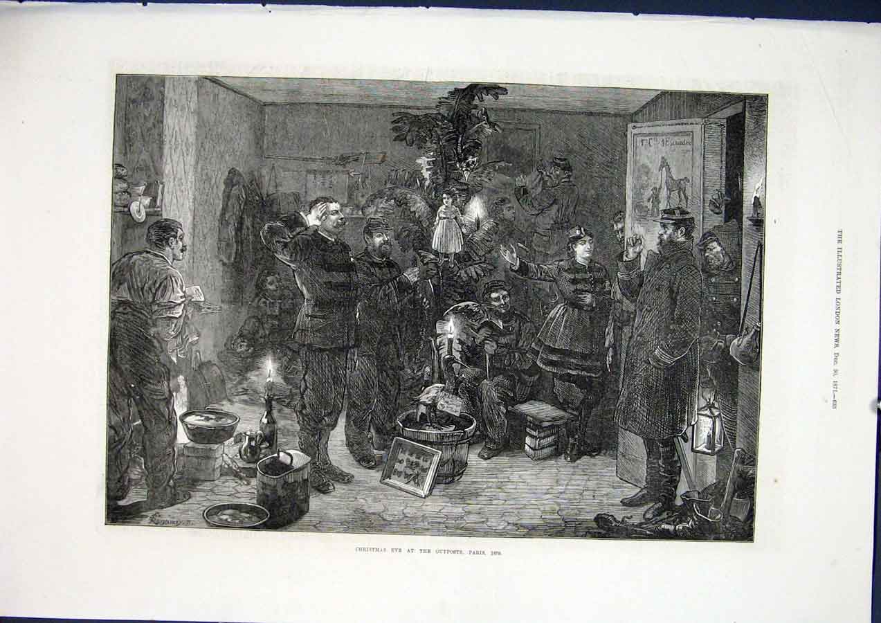 Original Old Antique Print Christmas Eve Outpost Paris France 1871 Victorian