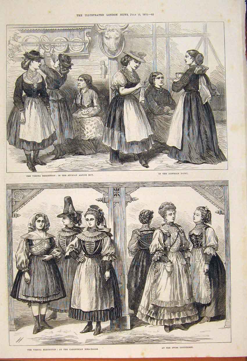 Original Old Antique Print Vienna Exhibition Styrian Alpine Hut Dairy Swiss 1873