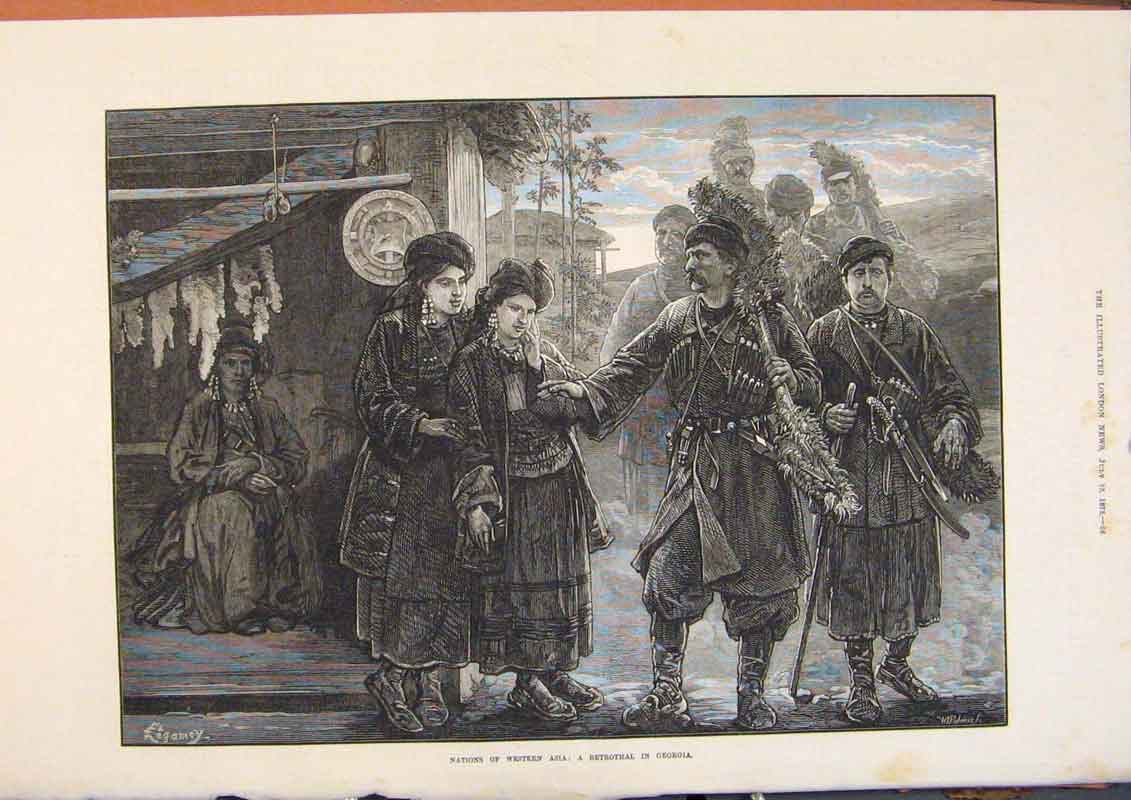 Original Old Antique Print Nationa Western Asia Betrothal Georgia 1873 Victorian