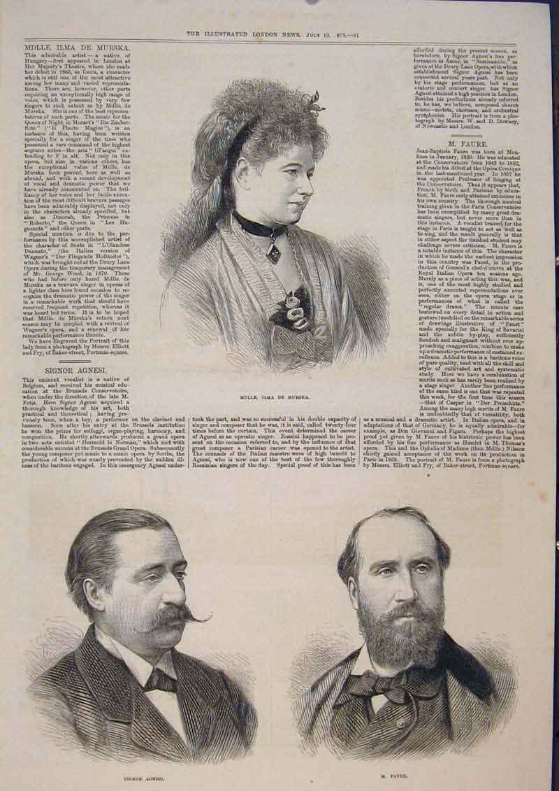 Original Old Antique Print Portrait Murska Agnesi Faure Singers 1873 Victorian