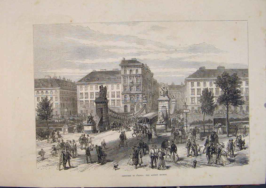 Original Old Antique Print Sketches Vienna Aspern Bridge 1873 19th