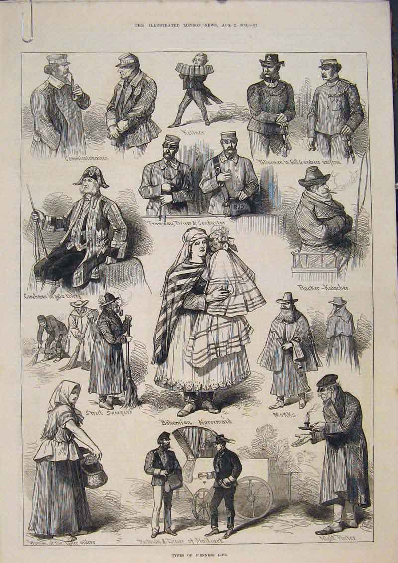 Original Old Antique Print Viennese Life Vienna People Children Sier Girl 1873