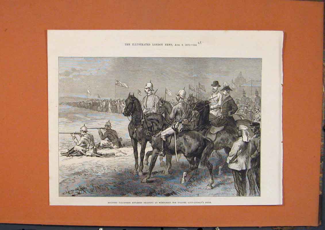Old Antique Print Mounted Volunteer Rifelmen Wimbledon Loyd-Lindsay 1873 19th