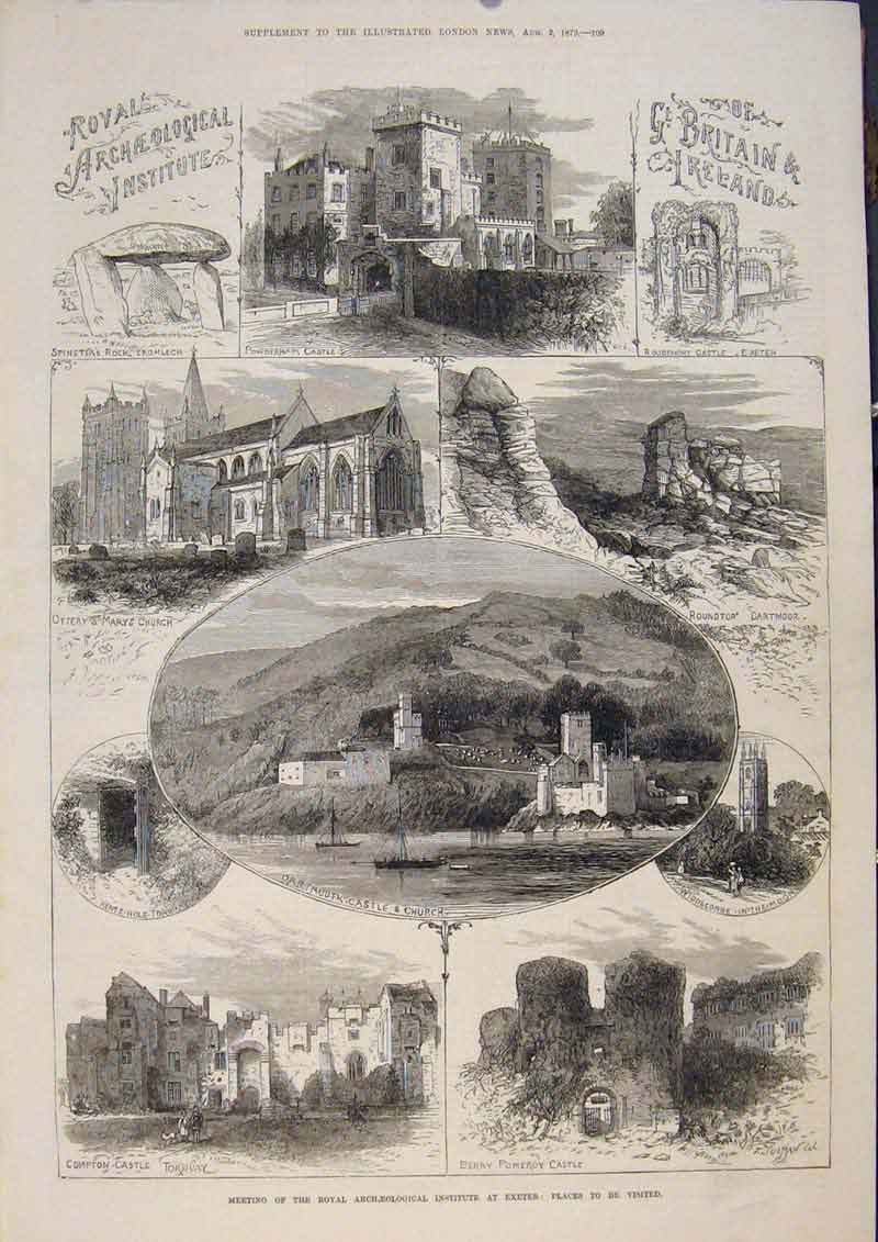 Original Old Antique Print Britain Ireland Archaeological Institute Exeter 1873